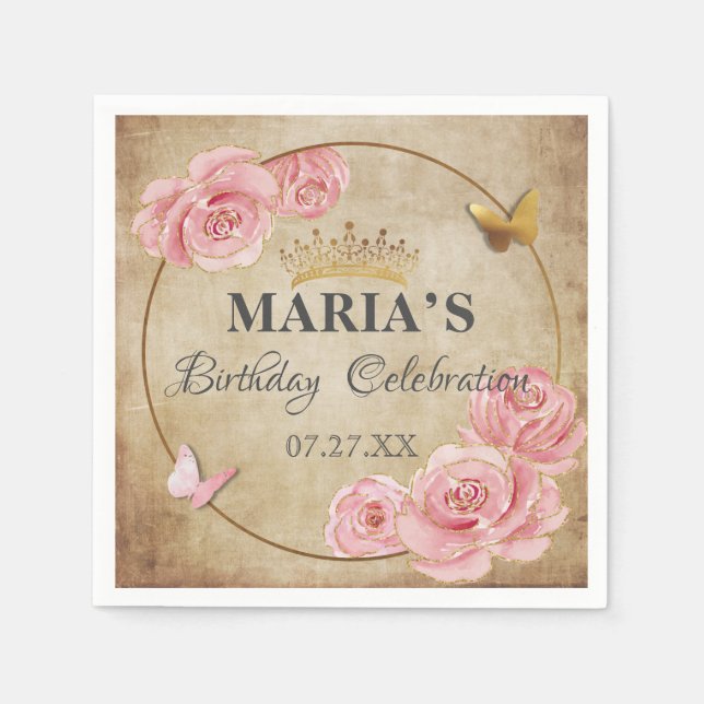 Rose Blush Pink Butterfly Crown Gold Quinceanera Napkin (Front)
