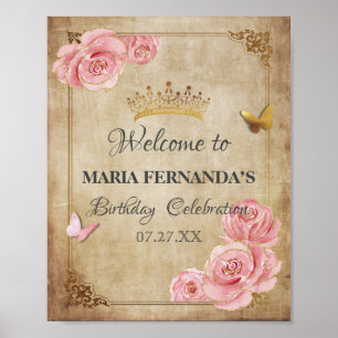 Rose Blush Pink Butterfly Crown Gold Quinceanera Poster