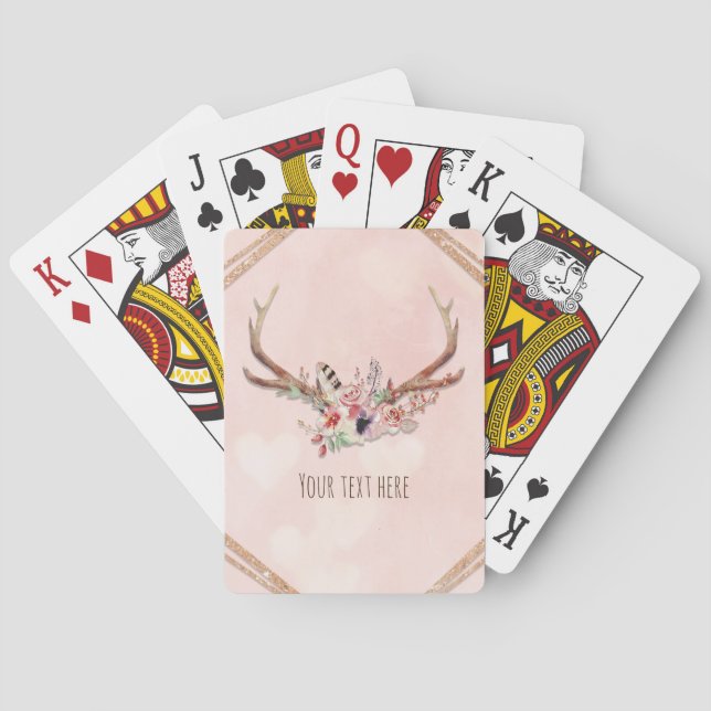Rose Blush Pink Floral Deer Antlers Boho Chic Playing Cards (Back)