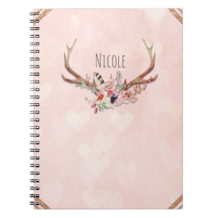 Rose Blush Pink Floral Deer Antlers Boho Chic Spiral Notebook