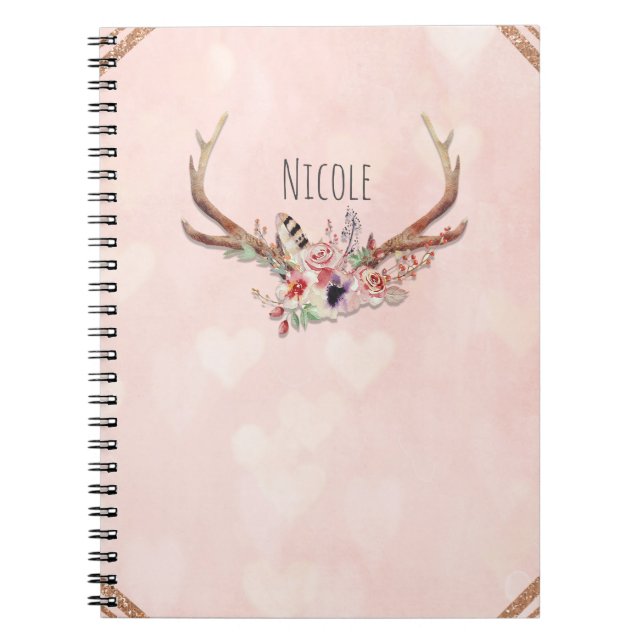 Rose Blush Pink Floral Deer Antlers Boho Chic Spiral Notebook (Front)
