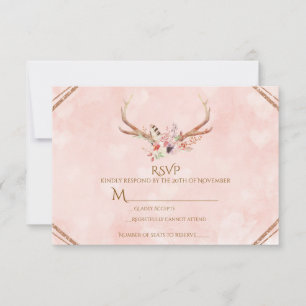 Rose Blush Pink Floral Deer Antlers Boho RSVP Card