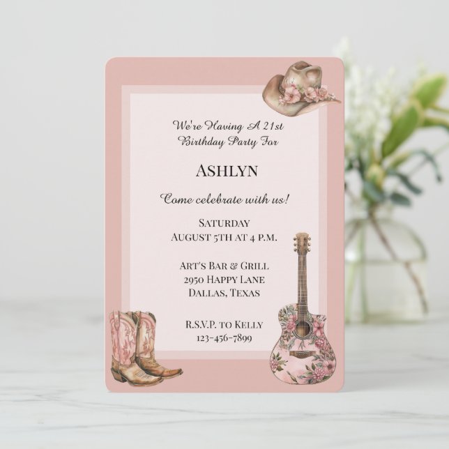 Rose Blush Western Cowgirl Floral Guitar Birthday Invitation (Standing Front)