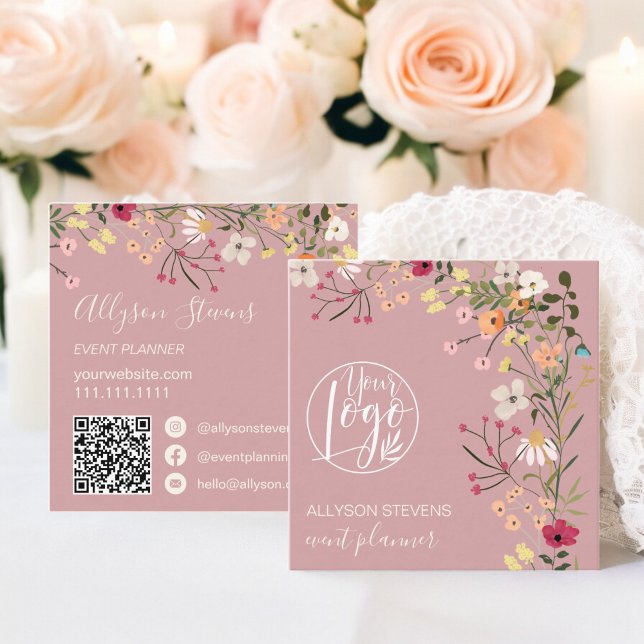 Rose Boho floral event planner logo qr code Square Business Card (Rose Boho floral event planner logo qr code Square Business Card)