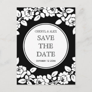 Rose border black white wedding Save the Date Announcement Postcard