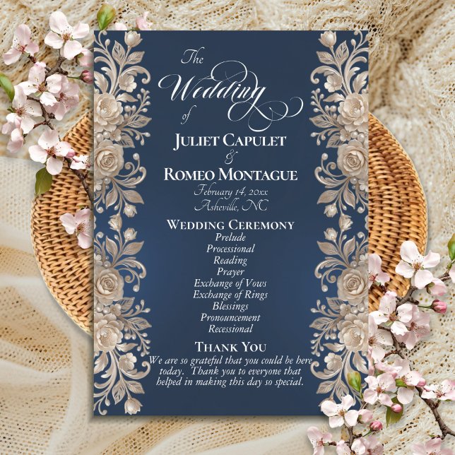 Rose Border on Dark Blue - Wedding Programme (Creator Uploaded)