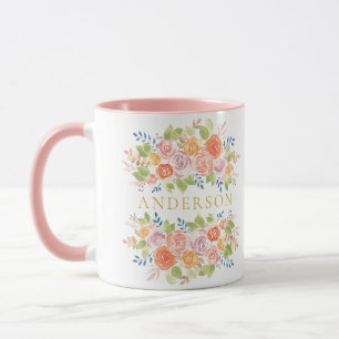 Rose Bouquet Gold Watercolor with Name Mug