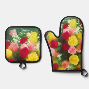 Rose Bouquet of Roses Painting Original Flower Art Oven Mitt & Pot Holder Set
