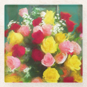 Rose Bouquet Painting - Cute Original Flower Art Glass Coaster