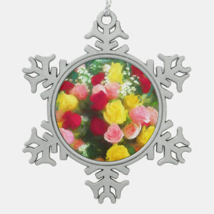 Rose Bouquet Painting - Cute Original Flower Art Snowflake Pewter Christmas Ornament