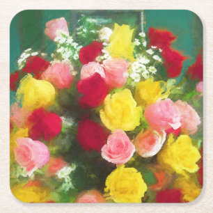 Rose Bouquet Painting - Cute Original Flower Art Square Paper Coaster