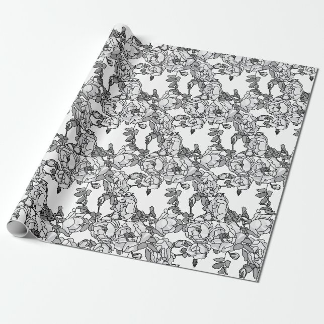 Rose Branch Grey Scale Wrapping Paper (Unrolled)