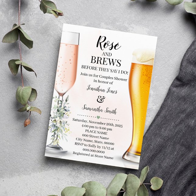 Rose & Brews Couples Wedding Eucalyptus Greenery Invitation (Rose and Brews Before They say I do, Couples Shower Invitation)