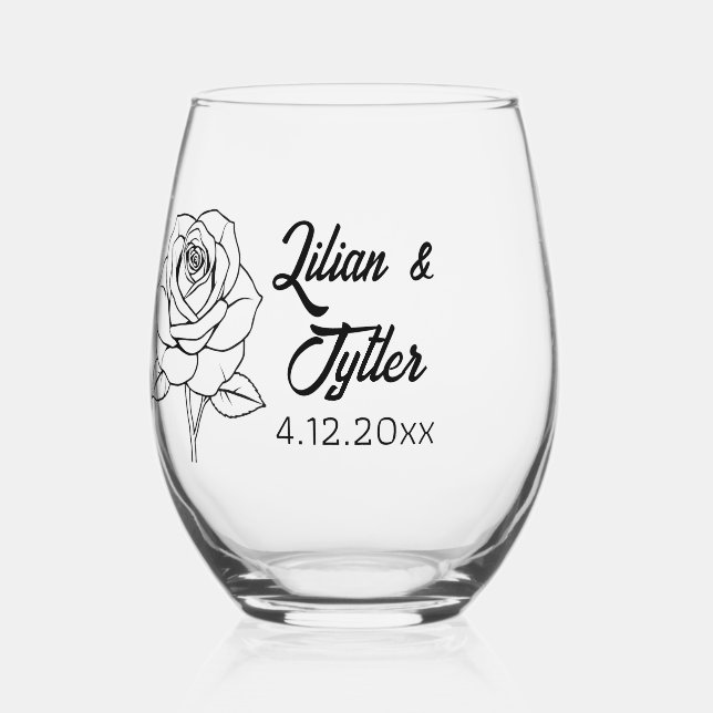 Rose, Bride and Groom's name and Wedding Date Stemless Wine Glass (Front)