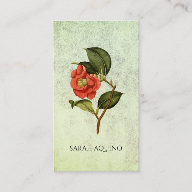 Rose Camellia Floral On Textured Sage Business Card (Front)