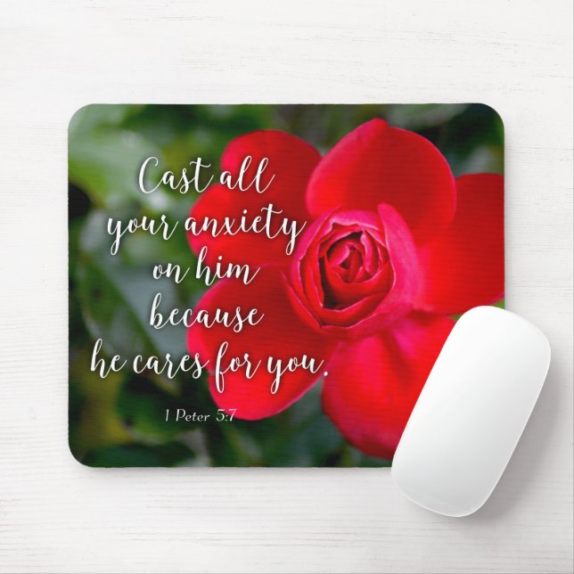 Rose Cast all your Anxiety Christian Bible Verse Mouse Pad (With Mouse)