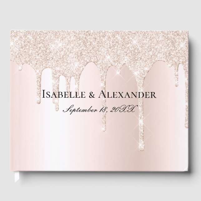 Rose Champagne Glitter Drips Blush Pink Wedding Guest Book (Front)