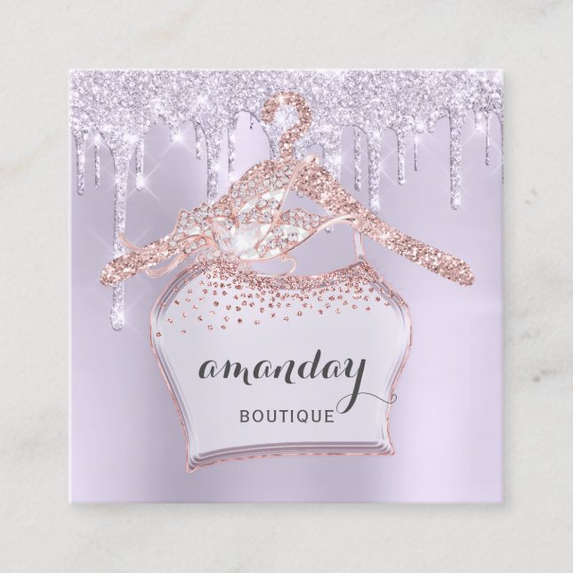 Rose Cloth Hanger Dress Boutique Purple Drips Square Business Card (Front)