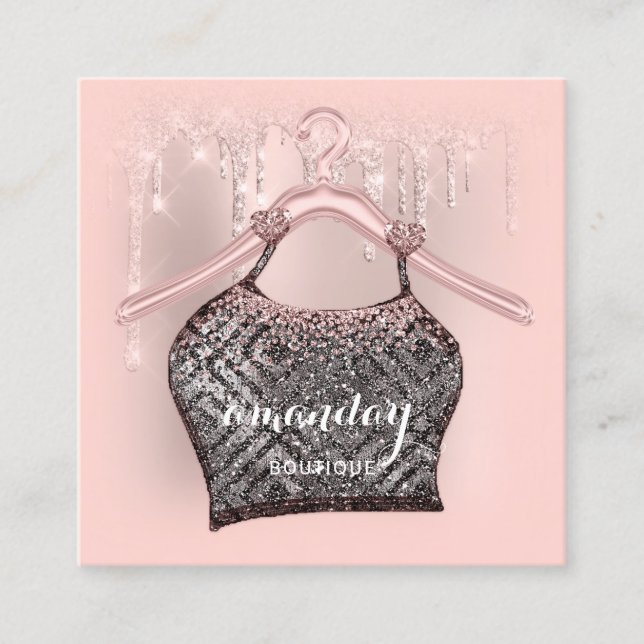 Rose Cloth Hanger Dress Fashion Shop Glitter Drip Square Business Card (Front)