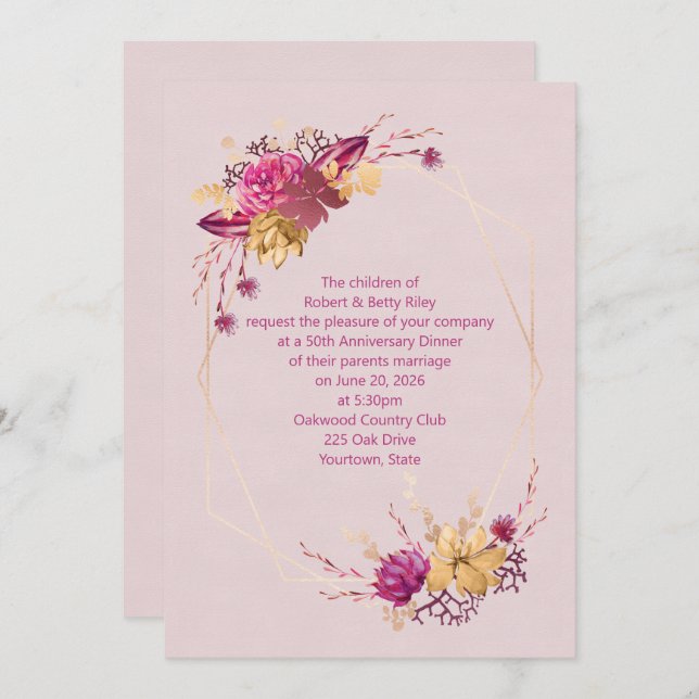 rose coloured floral anniversary dinner invitation (Front/Back)