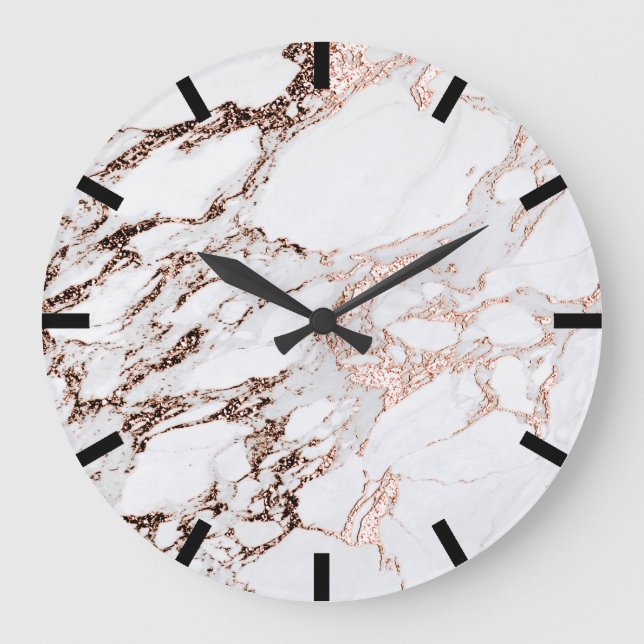 Rose Copper Gold Carrara Marble Black White Stone Large Clock (Front)