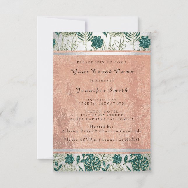 Rose Copper Silver Bridal 16th Monstera Palm Invitation (Front)
