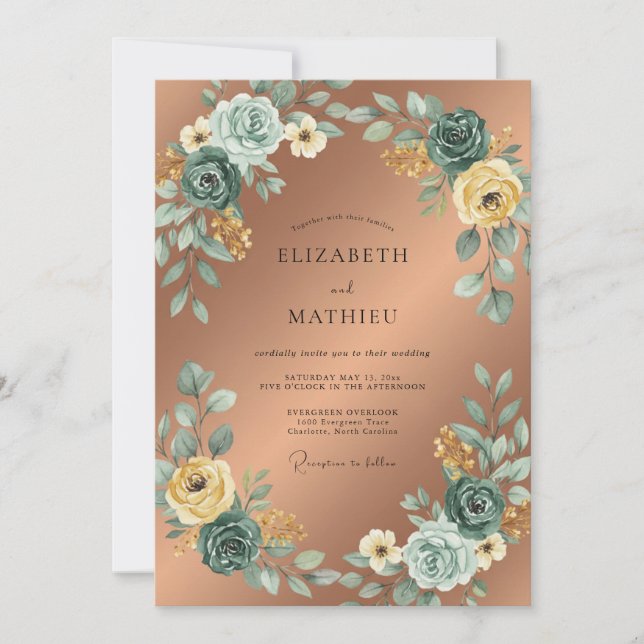 Rose Copper Teal Wreath Wedding Invitation (Front)