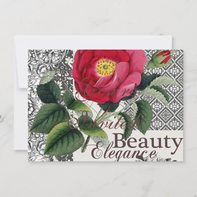 Rose Damask Pretty Floral Antique Invitation (Front)