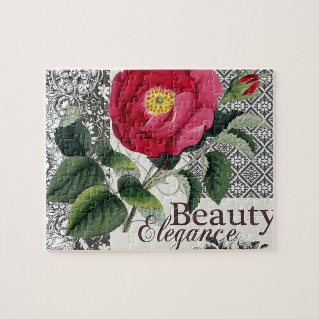 Rose Damask Pretty Floral Antique Jigsaw Puzzle (Horizontal)