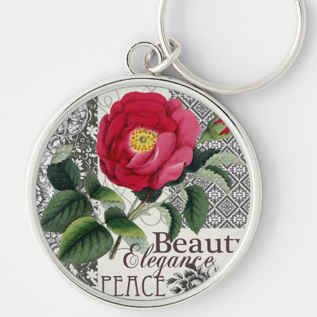 Rose Damask Pretty Floral Antique Key Ring (Front)