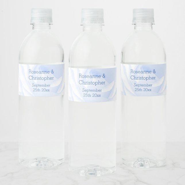Rose Design Blue Coloured Wedding Water Bottle Label (Bottles)