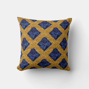 Rose Diamonds-04-Blue Gold-Square Throw Pillow