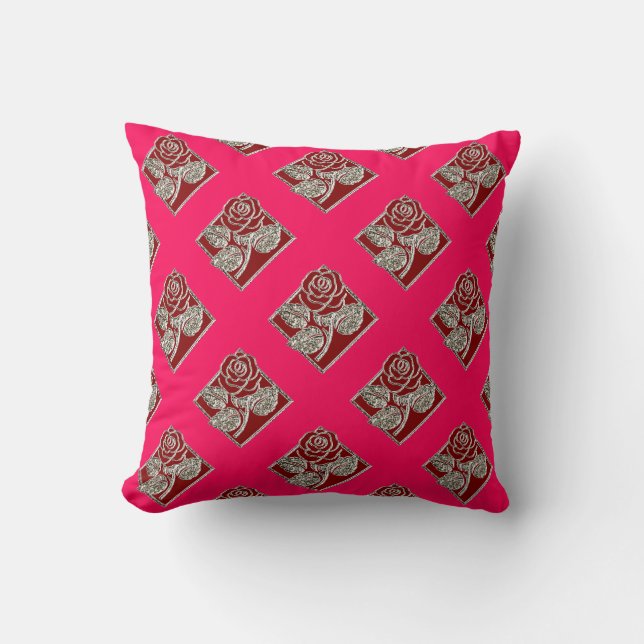 Rose Diamonds-08-Hot Pink Red-Square Throw Pillow (Front)