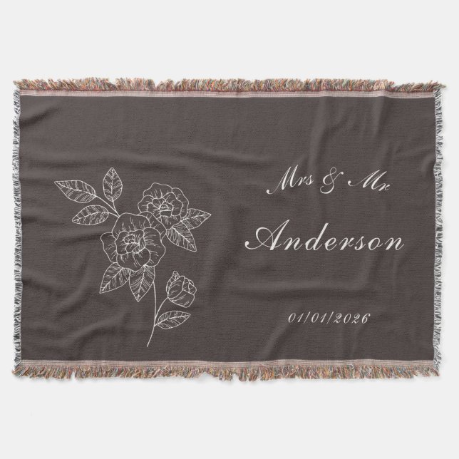 Rose Drawing and Name in White on Dark Throw Blanket (Front)
