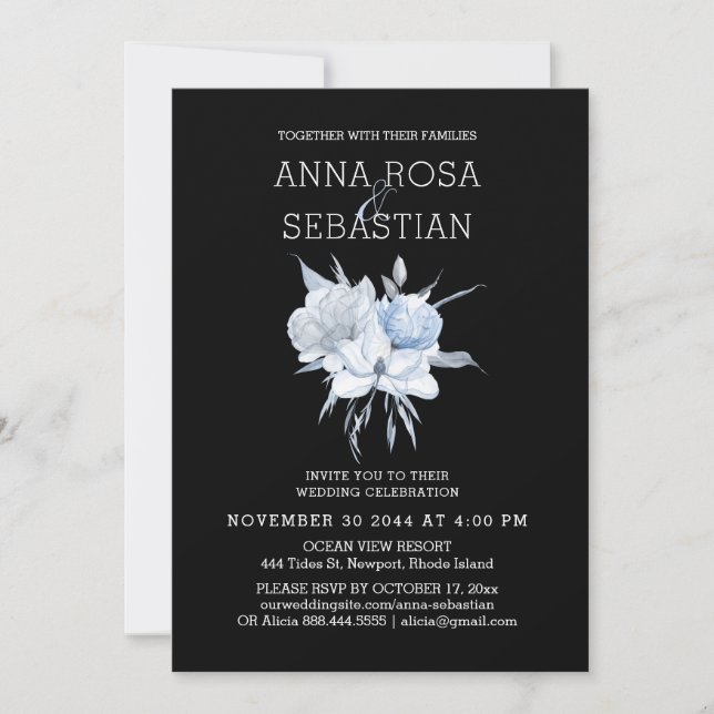 *~* Rose Elegant Blue Floral AR15 WEDDING RSVP + Invitation (Front)