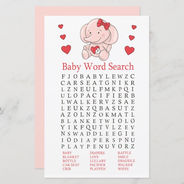 Rose elephant Baby Shower Word Search Game (Front/Back)