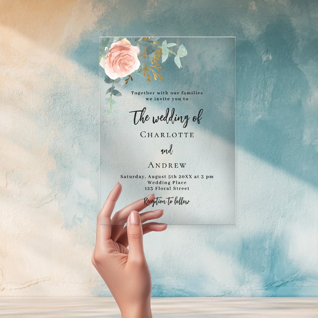 Rose eucalyptus blush wedding clear acrylic invitations (Creator Uploaded)