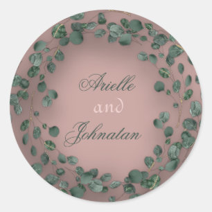 Rose Eucalyptus Wreath Wedding Name Favour Green Classic Round Sticker