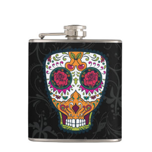 Rose Eyes Orange White Sugar Skull Hip Flask