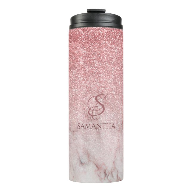 Rose Faux Glitter and Marble 2a Monogram Thermal Tumbler (Front)