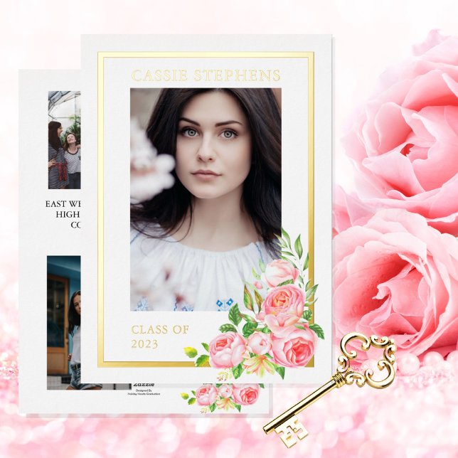 Rose Floral 4 Photo Collage Gold Frame Graduation  (Creator Uploaded)