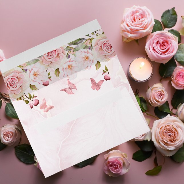Rose Floral and Butterflies | Pink Marble  Envelope (Elegant Pink Roses and Butterflies on Pink Marble Look Inside and Outside Background Envelope)