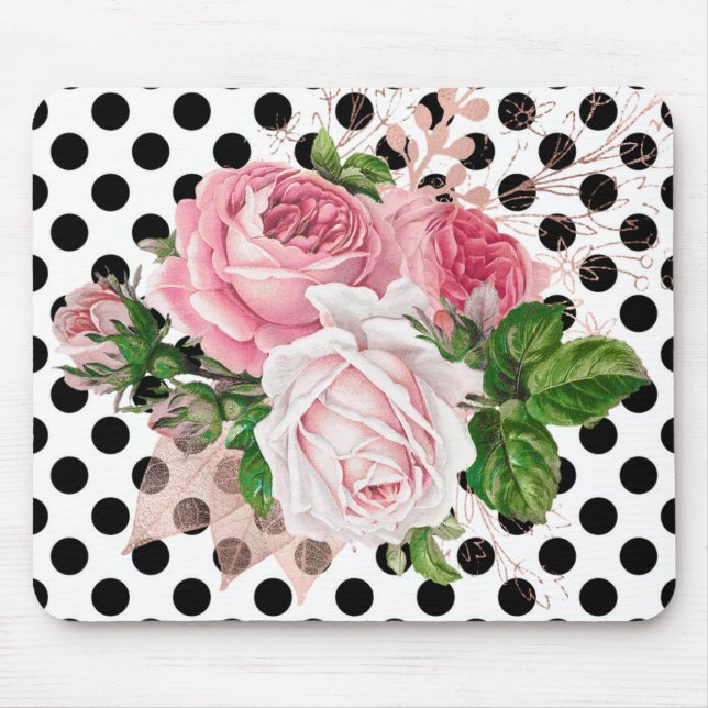 ROSE FLORAL BLACK POLKA DOT BOW MOUSE PAD (Front)