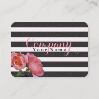 Rose Floral Black & White Stripes - Business Card