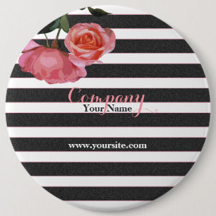 Rose Floral Black & White Stripes - Button