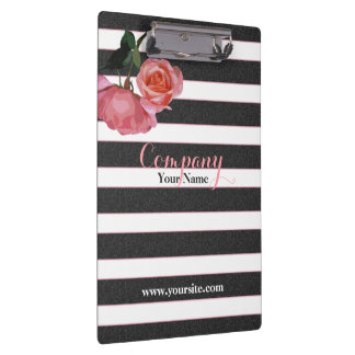 Rose Floral Black & White Stripes - Clipboard