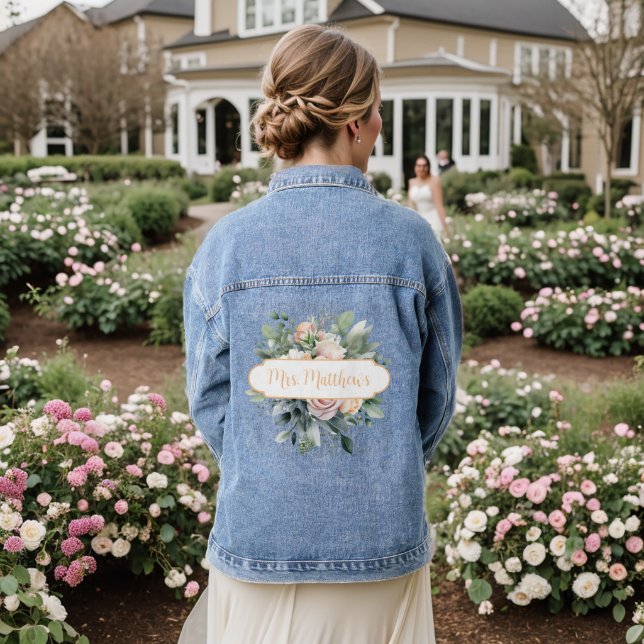 Rose Floral Bouquet Mrs. Monogram Name Calligraphy Denim Jacket (Wedding Back)