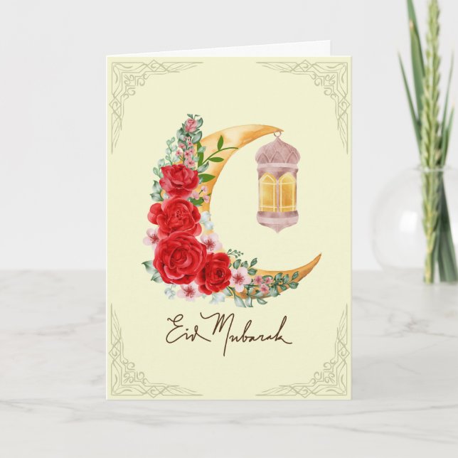 Rose Floral Crescent Islamic Lantern Eid Mubarak Card (Front)