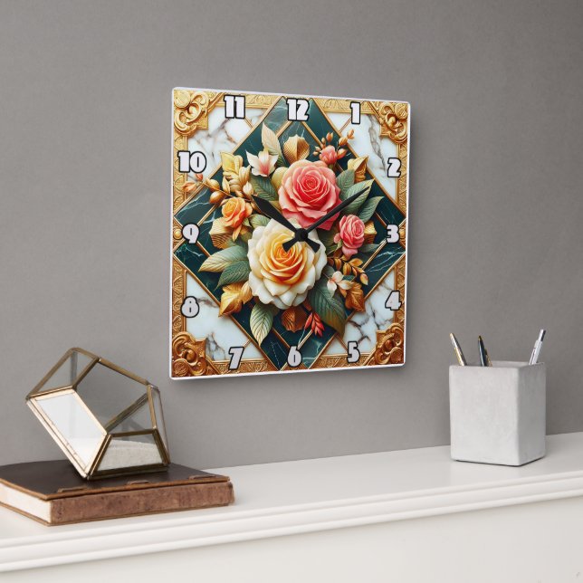 Rose Floral Design With Gold Accents Square Wall Clock (Office)