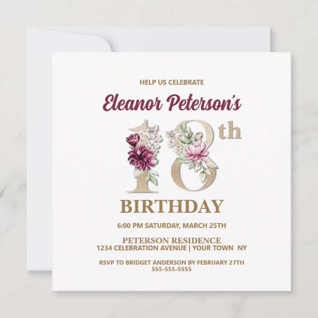 Rose Floral E 18th Birthday Party Invitation (Front)